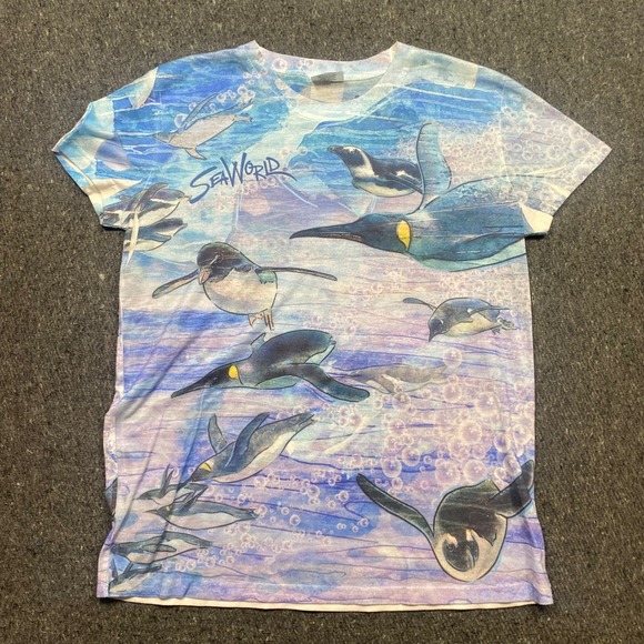 Seaworld Other - SeaWorld Penguin All Over Print TShirt Sz M Blue Purple Watercolor Graphic Tee